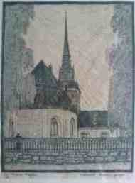 Morfars kusin Concor var en av Zorns många lärlingar. I min ägo har jag bl a en oljemålning med vy över Mora. Detta är ett träsnitt av Mora kyrka. (Foto: privat)